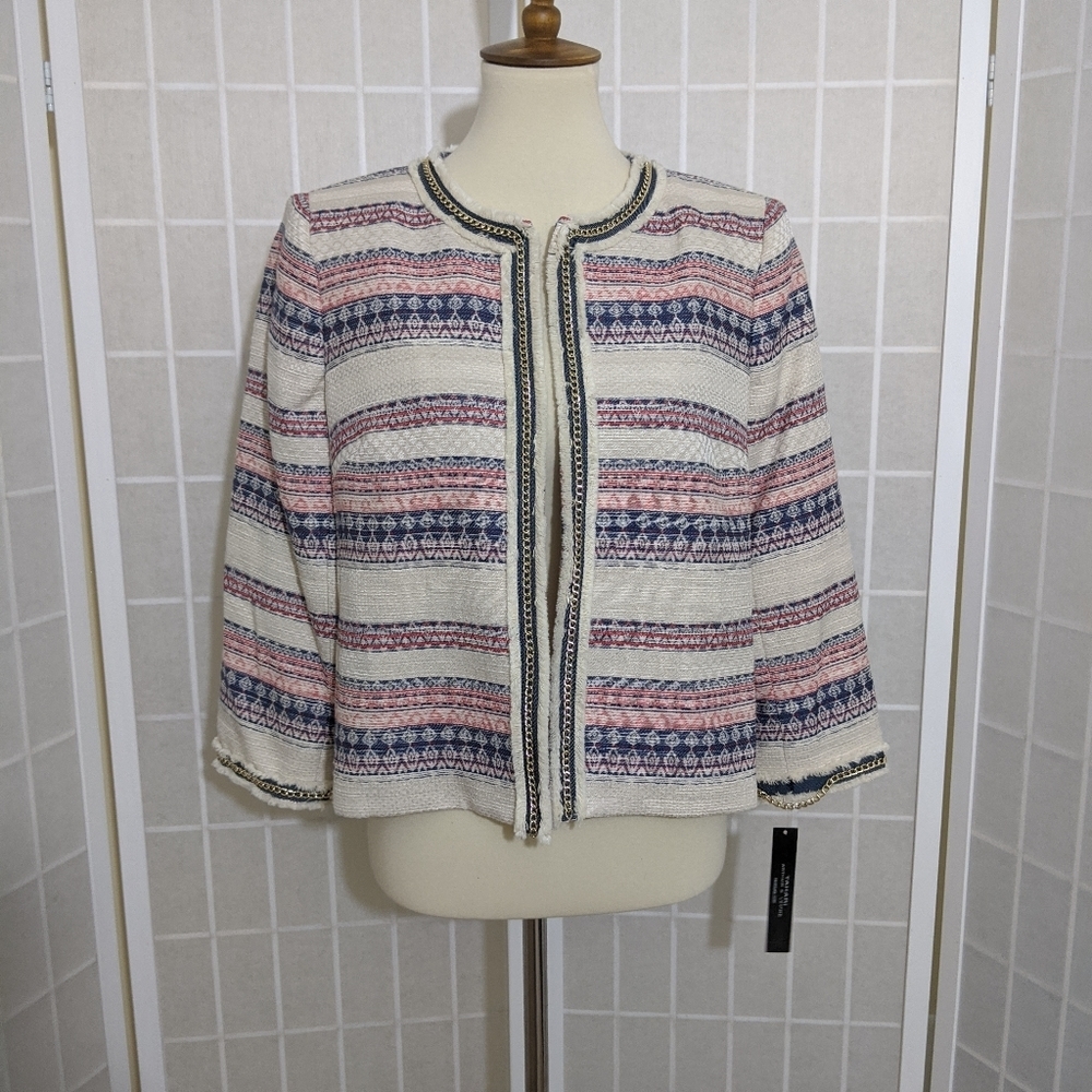 TAHARI Boho ethno festival jacket fringed striped size 10 nwt